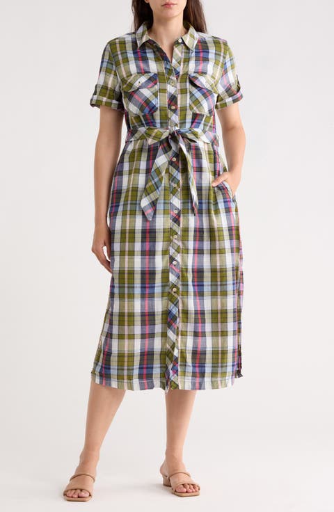 Maui Madras Short Sleeve Cotton Midi Shirtdress