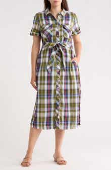 Tommy Bahama Maui Madras Short Sleeve Cotton Midi Shirtdress