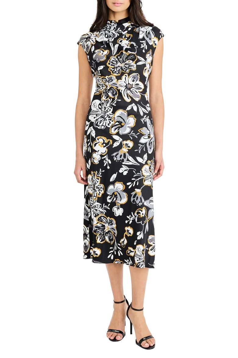 Floral Mock Neck Cap Sleeve A-Line Midi Dress, Main, color, BLACK/ GREY