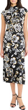 Maggy London Floral Mock Neck Cap Sleeve A-Line Midi Dress