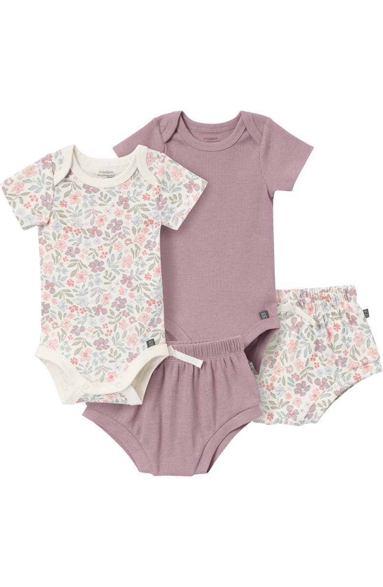 Modern Moments<sup>™</sup> by Gerber Coordinating Bodysuits & Shorts Set 4-Pack, Main, color, Ivory Garden/Med Lilac