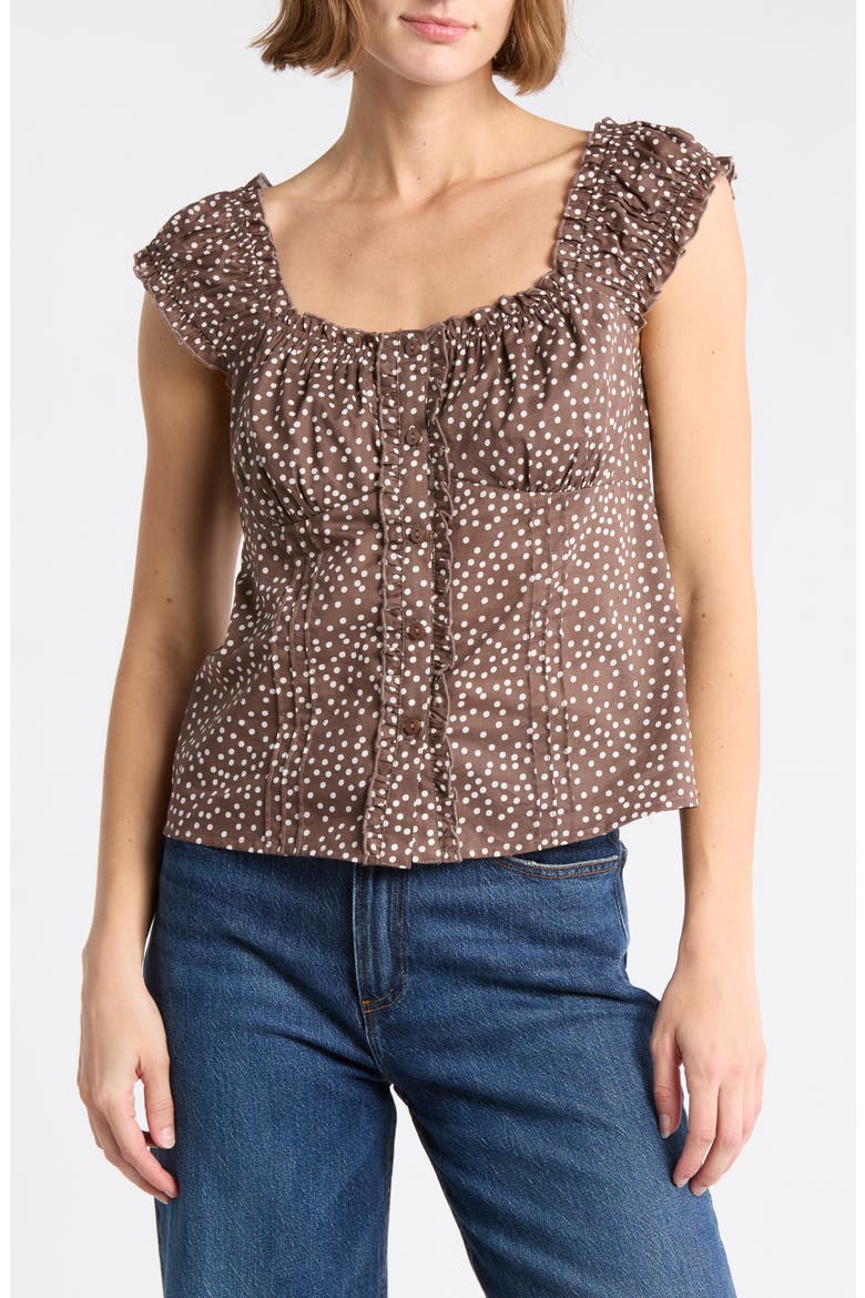 Button Front Cotton Top, Main, color, BROWN- WHITE ELLEN DOT
