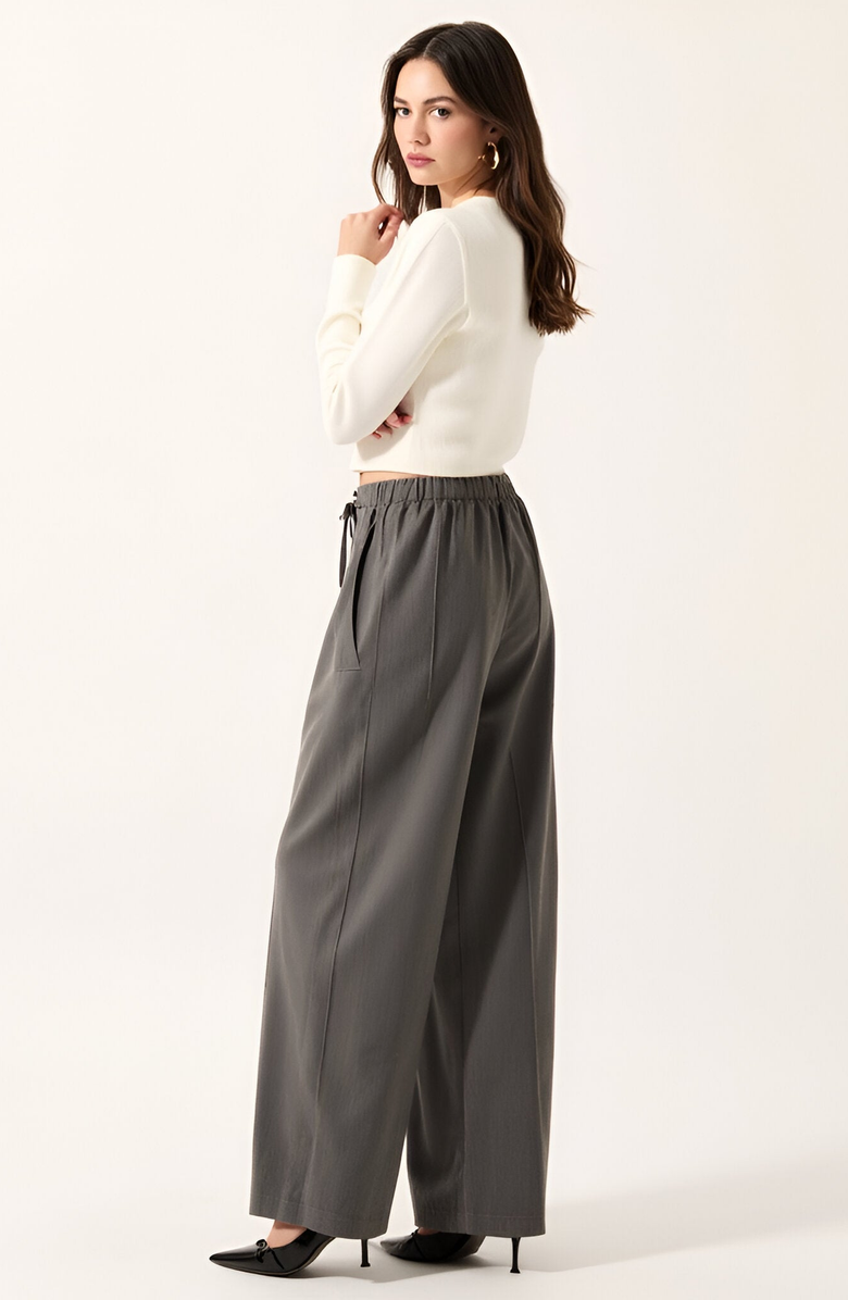 Modenaire Wide-Leg Front-Seam Elastic Drawstring Waist Trousers, Alternate, color, Gray