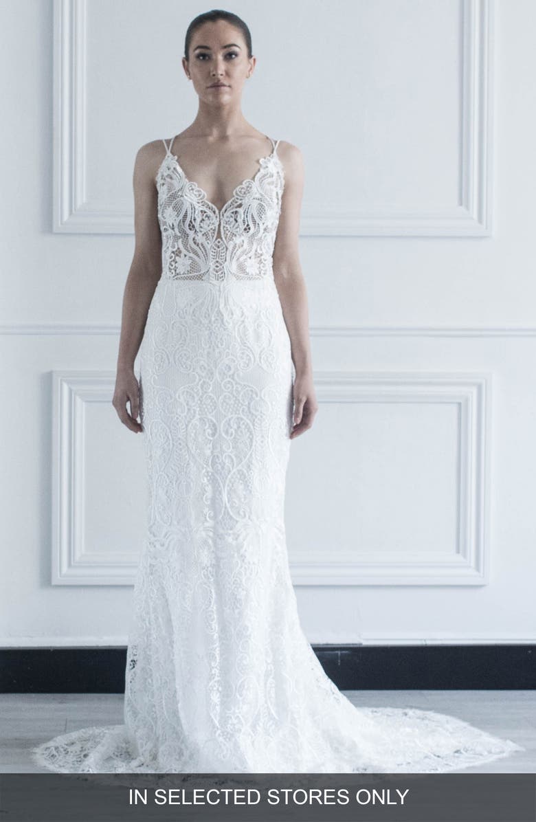 CHOSEN by One Day Jonie Guipure Lace Trumpet Wedding Dress, Main, color, 