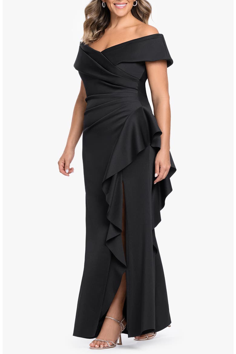Off the Shoulder Ruffle Scuba Crepe Gown, Alternate, color, BLACK