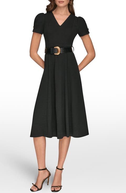 Belted Puff Sleeve Midi Dress