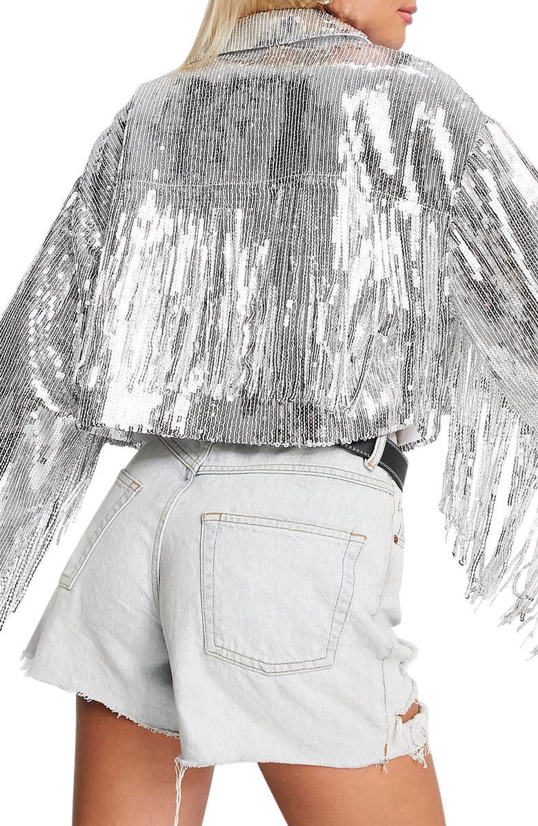 ASOS DESIGN Sequin Fringe Open Front Crop Jacket, Alternate, color, 