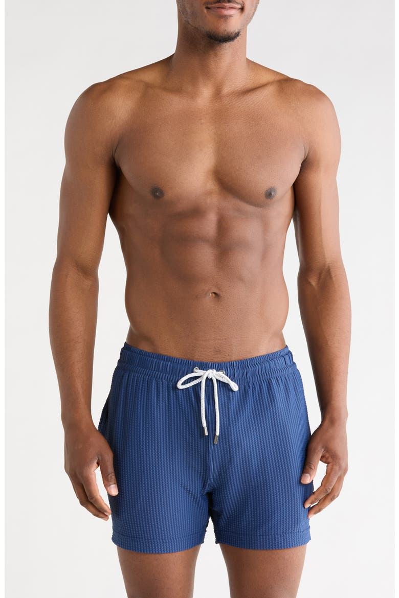 Seersucker 4-Way Stretch Shortie Swim Trunks, Main, color, NAVY