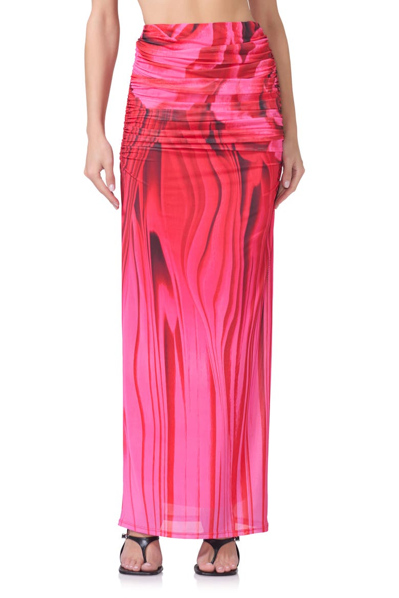 Bevin Print Ruched Powermesh Maxi Skirt, Main, color, ORGANIC ROSE