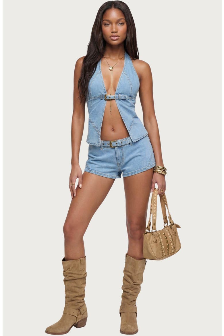 Ciel Split Front Denim Halter Top, Alternate, color, LIGHT-BLUE-WASHED