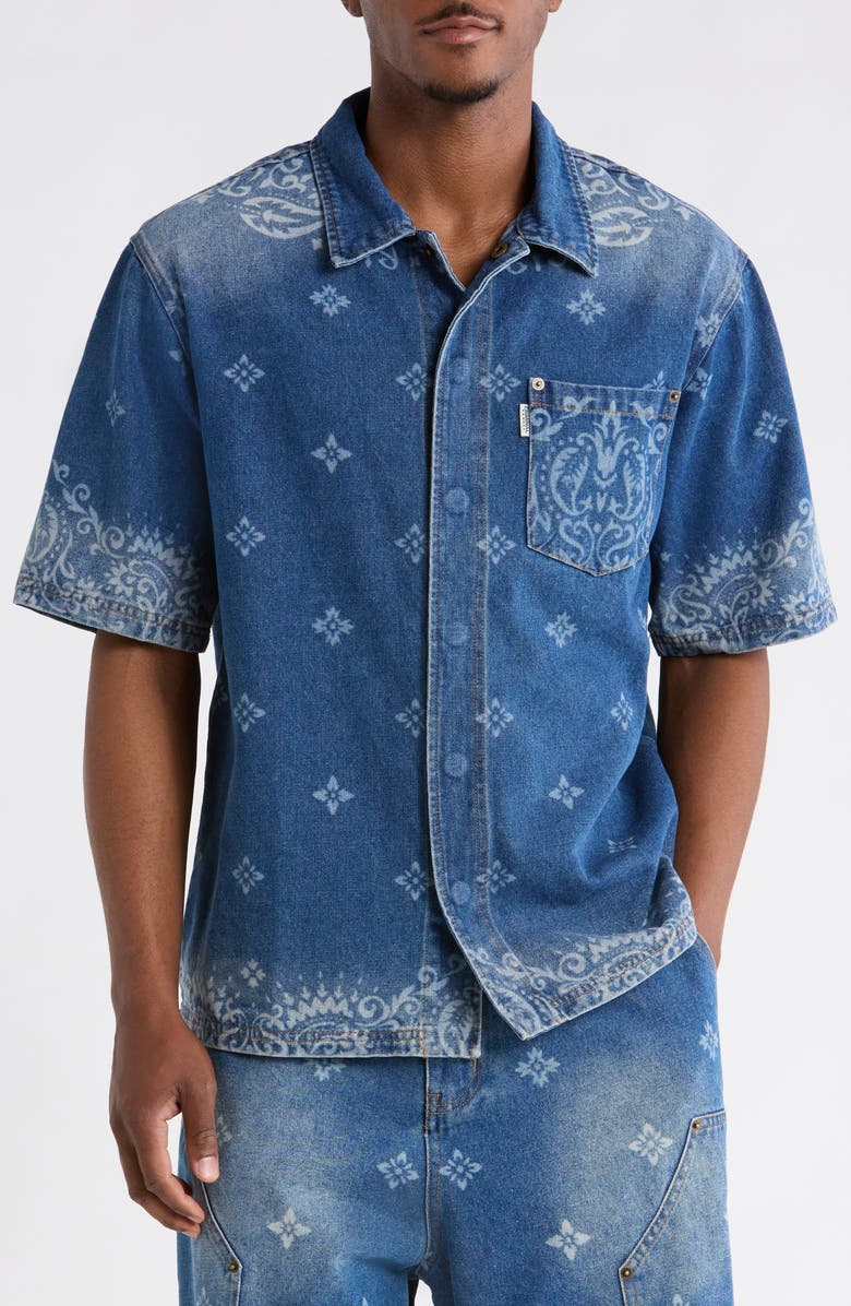CRIMINAL DAMAGE Laser Print Denim Shirt, Alternate, color, Mid Blue