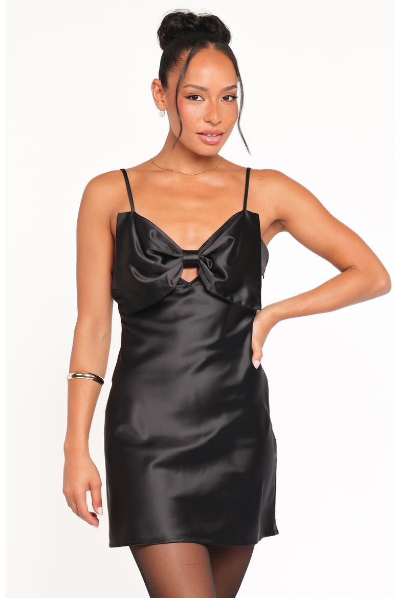 Kiari Bow Satin Minidress, Alternate, color, BLACK