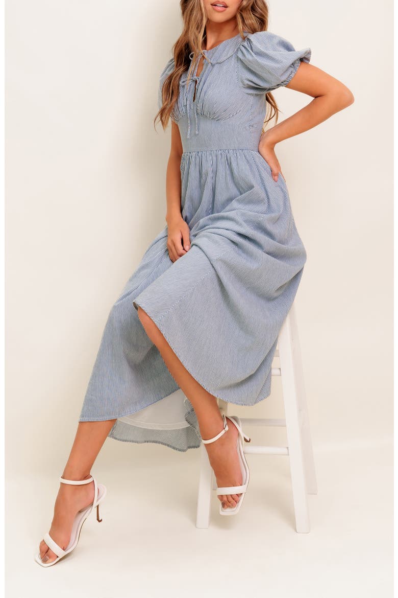Split Neck Puff Sleeve Midi Dress, Alternate, color, IVORY BLUE