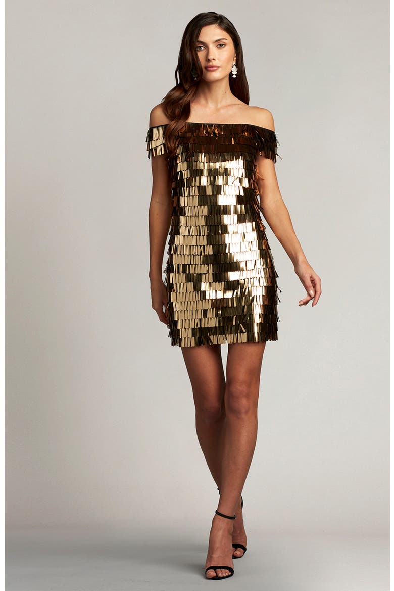Sequin Fringe Off the Shoulder Dress, Alternate, color, GOLDEN