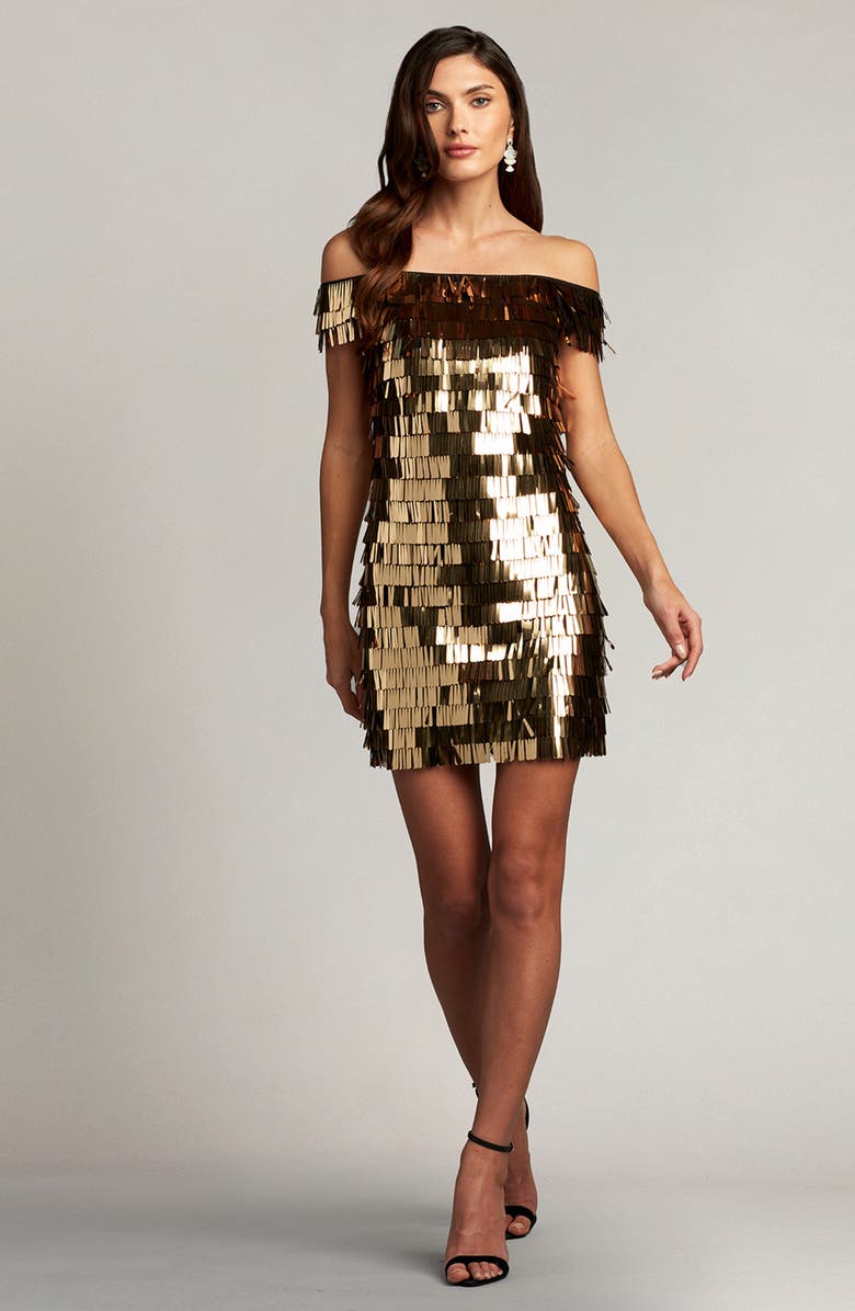 SHO by Tadashi Shoji Sequin Fringe Off the Shoulder Dress, Alternate, color, Golden