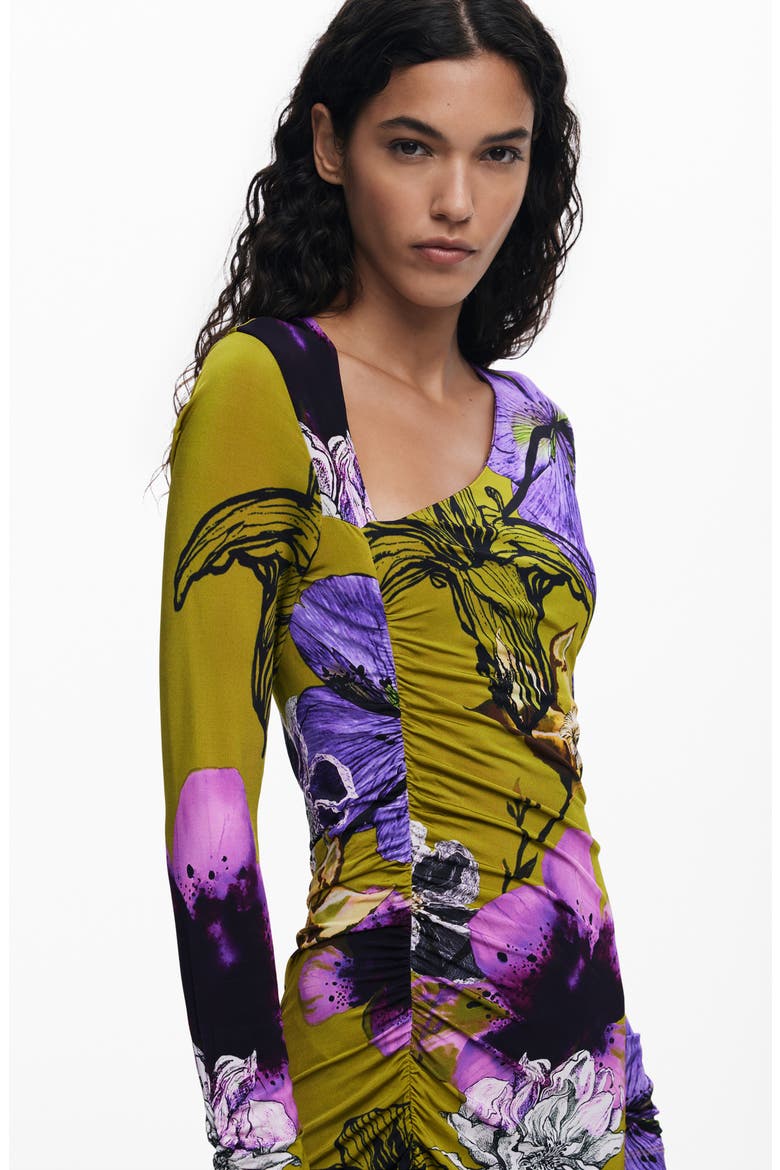 Floral Print Long Sleeve Midi Dress, Alternate, color, OLIVE GREEN