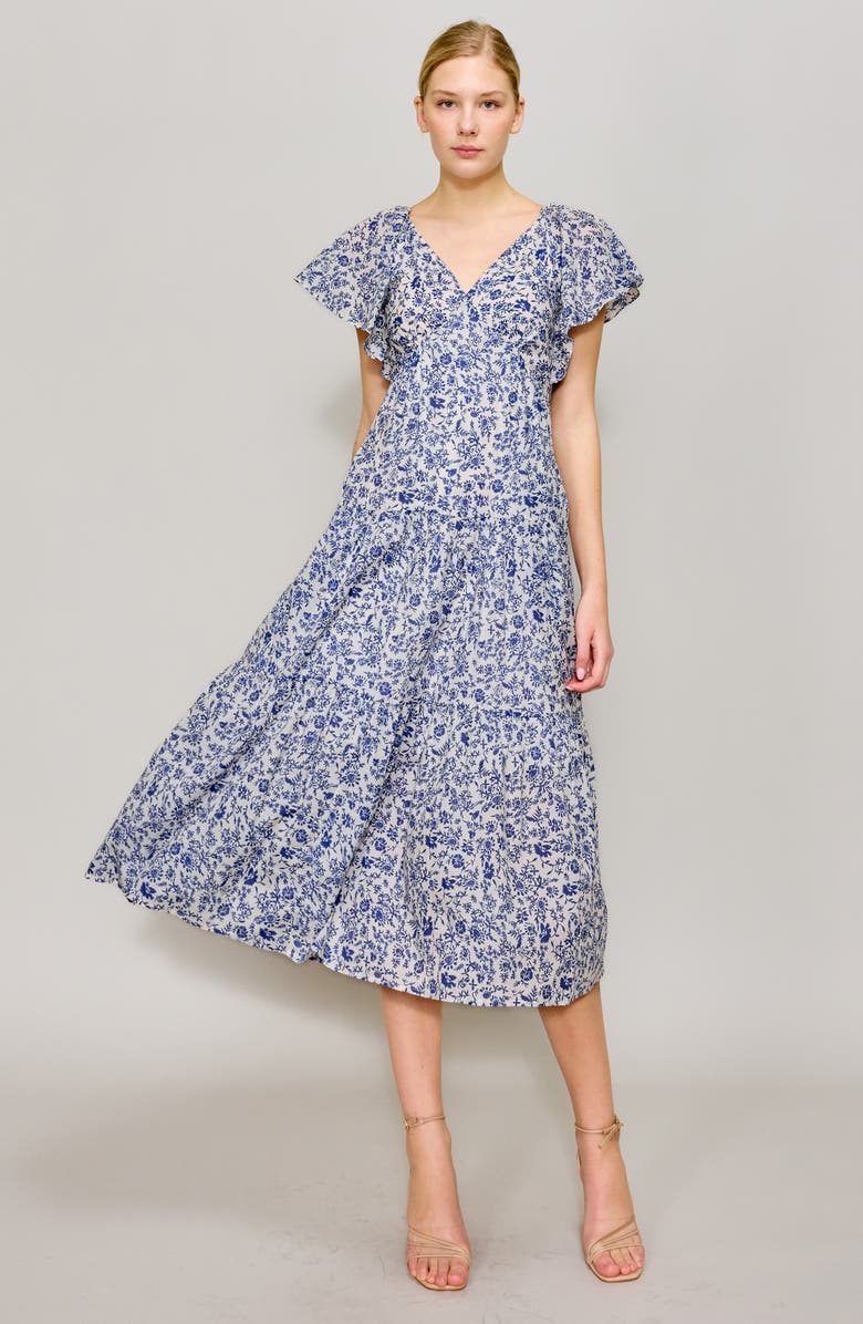 MELLODAY Floral Flutter Sleeve Tiered Midi Dress, Alternate, color,
