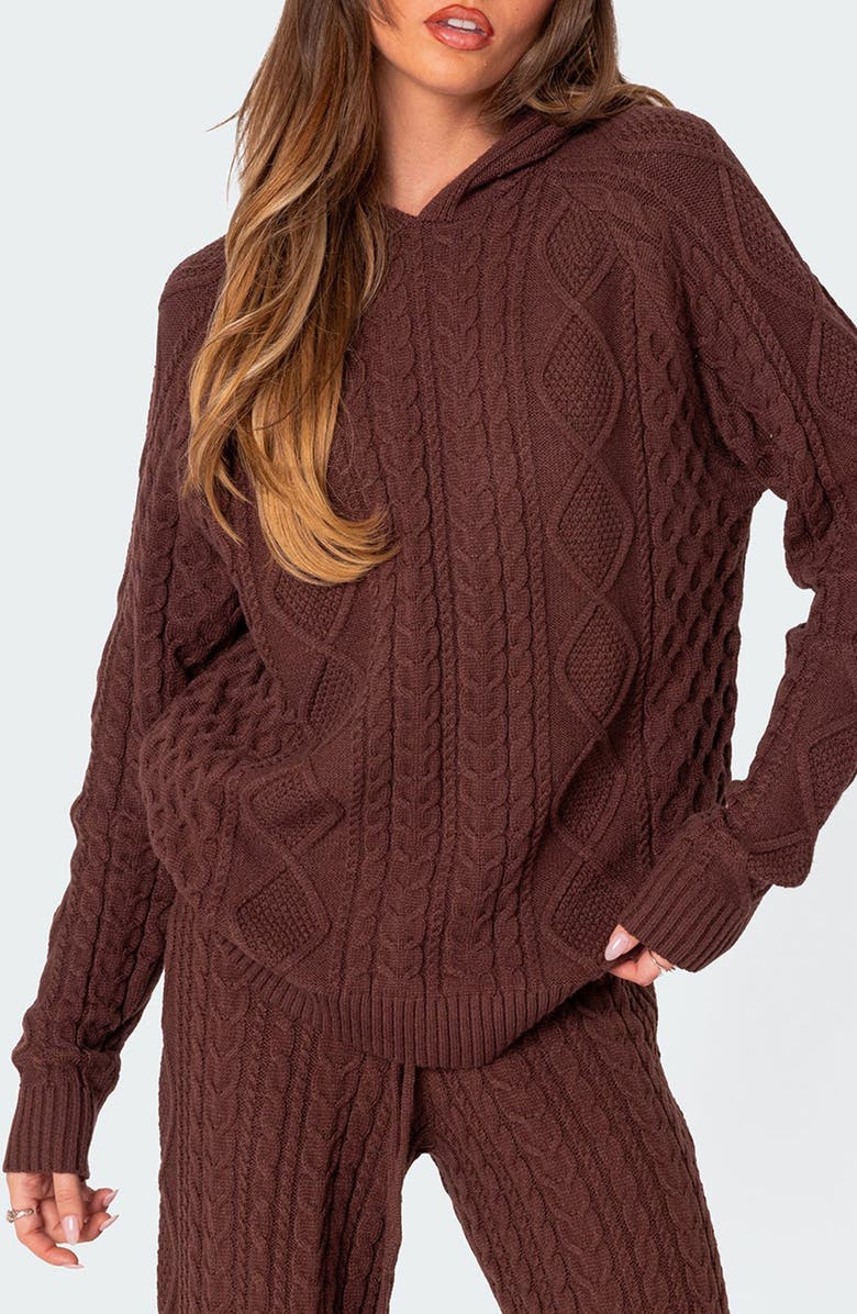 EDIKTED Jelena Cable Knit Hoodie, Main, color, Brown