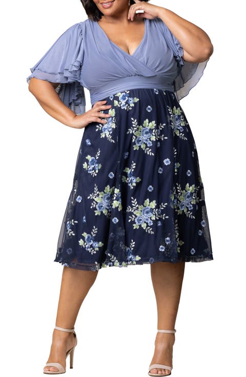 Lillian Embroidered Flutter Sleeve Cocktail Dress (Plus)