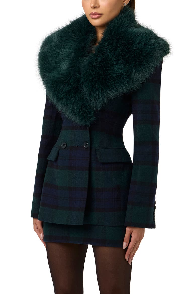 Plaid Faux Fur Collar Wool Blend Blazer, Alternate, color, EMERALD