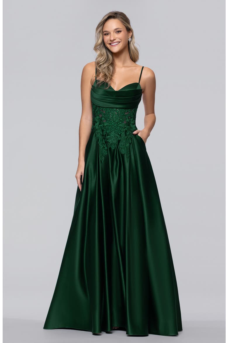 Sequin Lace Detail Satin Gown, Alternate, color, HUNTER