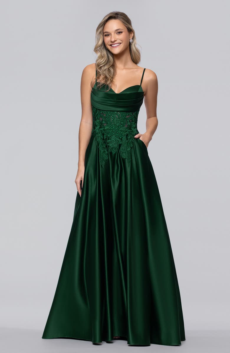 Blondie Nites Sequin Lace Detail Satin Gown, Alternate, color, Hunter