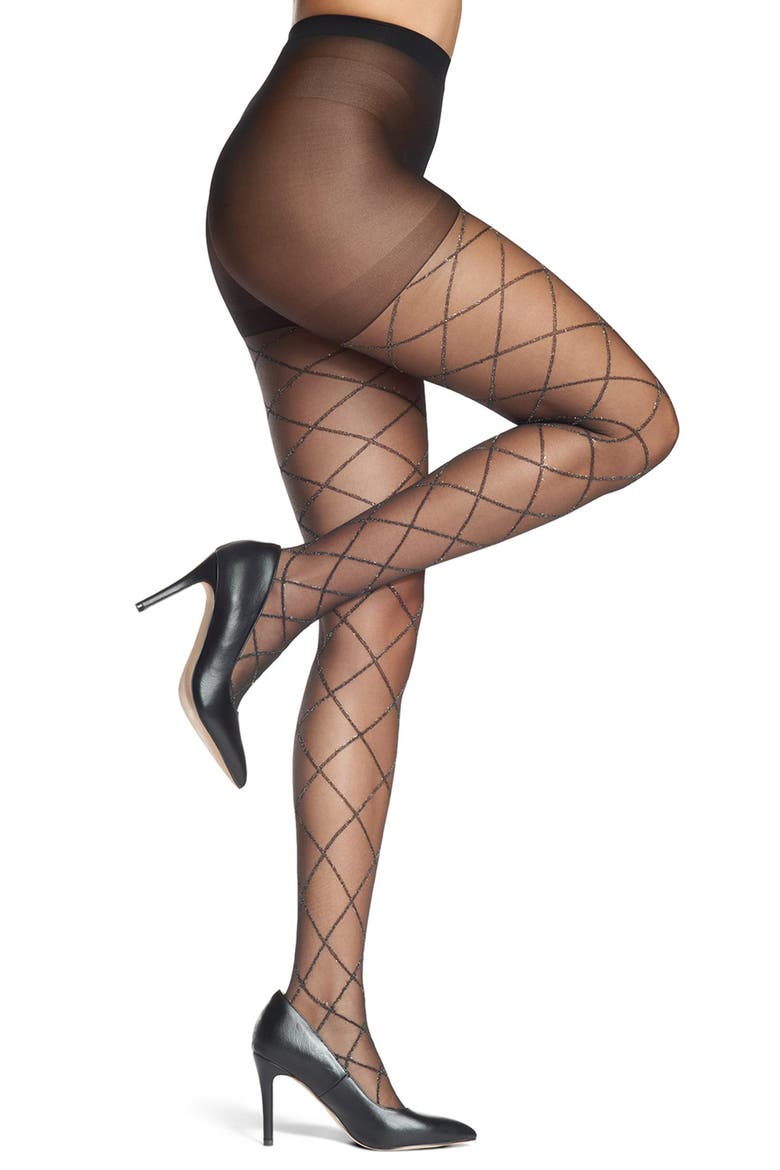 Metallic Diamond Sheer Tights, Main, color, BLACK