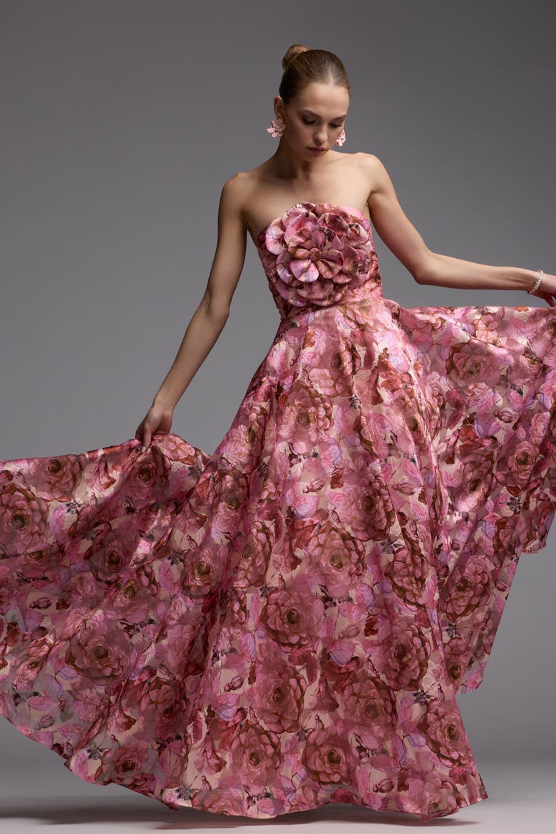 Strapless Floral Printed A-Line Gown With 3D Flower, Alternate, color, Rose Multi
