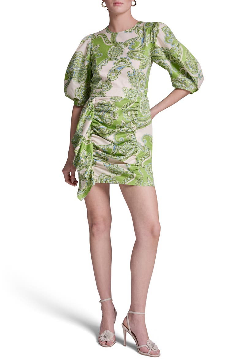 Paisley Puff Sleeve Ruched Minidress, Main, color, CITRUS TWIST
