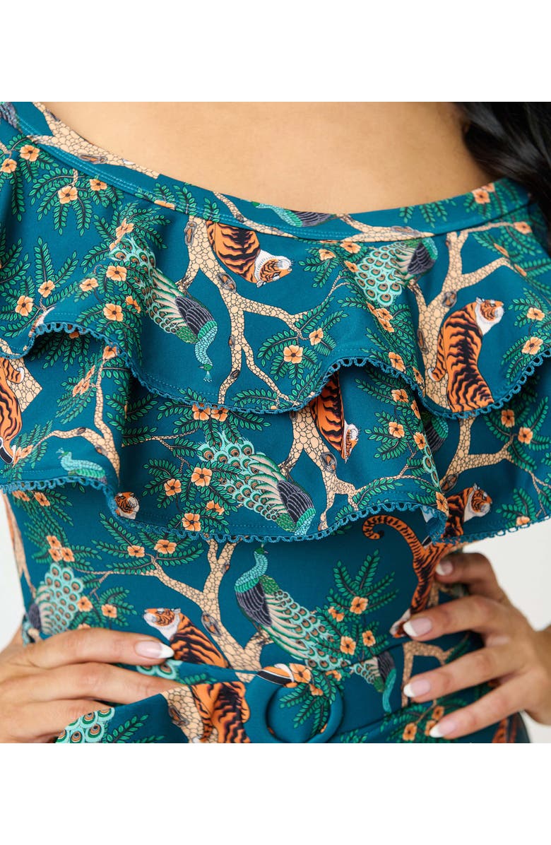 Unique Vintage Off Shoulder Nantucket Swimsuit, Alternate, color, Teal Tiger Print