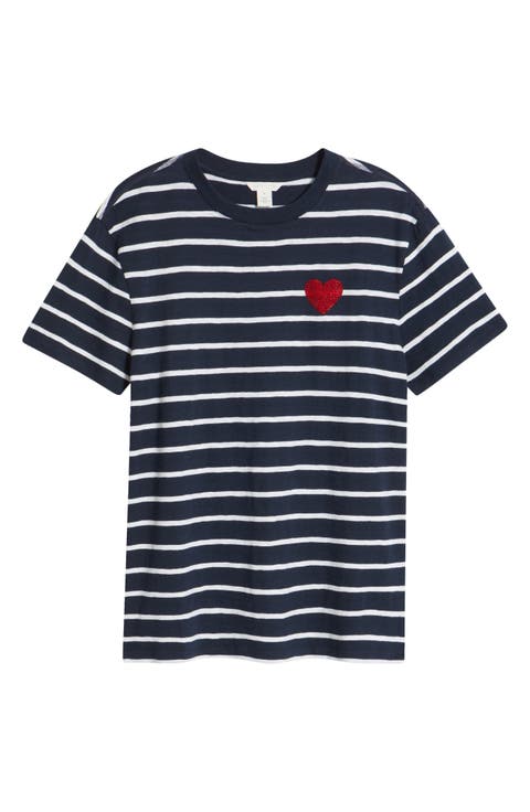 Stripe Heart Embellished Cotton T-Shirt