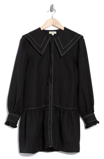 Mila Mae Collared Long Sleeve Ruffle Hem Shirtdress In Black