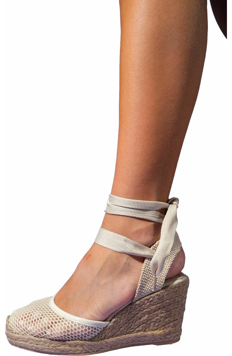 Forever & Always Shoes Lions Mesh Leather Wedge Espadrilles Sandal, Main, color, Beige Leather