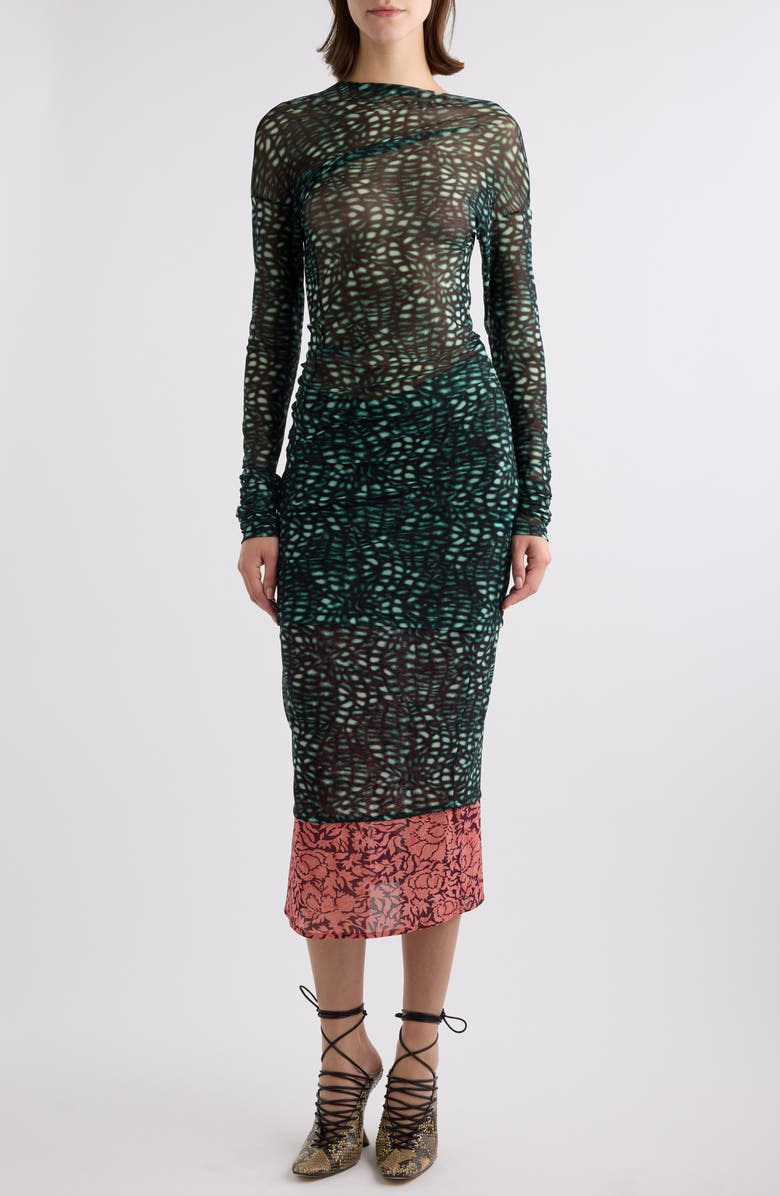 Dries Van Noten Hoan Print Ruched Mesh Top, Alternate, color, 