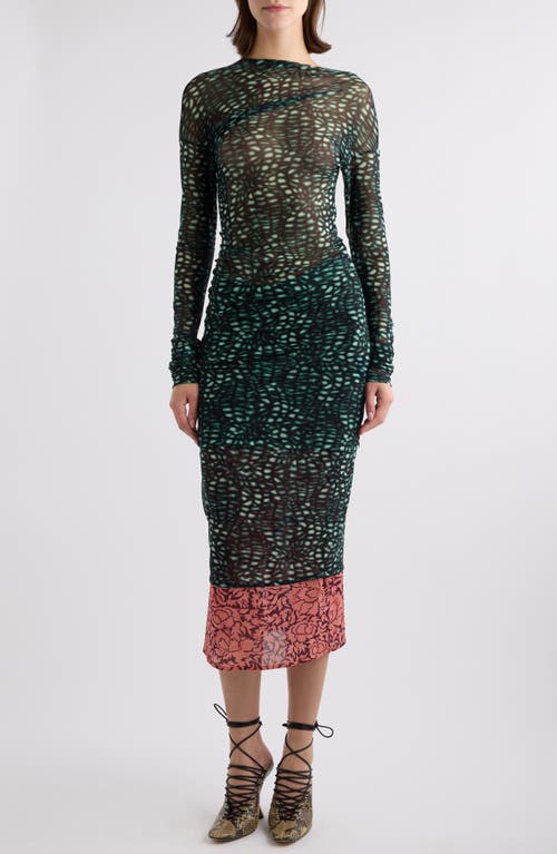 Dries Van Noten Hoan Print Ruched Mesh Top In Malachite