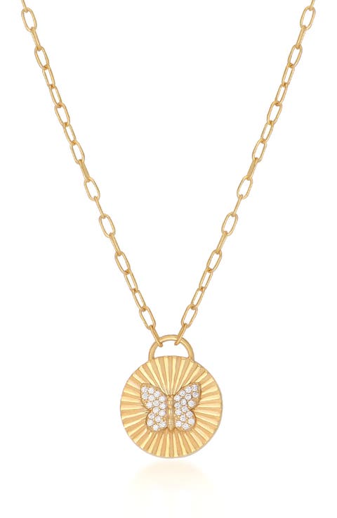 14K Gold Vermeil Butterfly CZ Disc Pendant Necklace