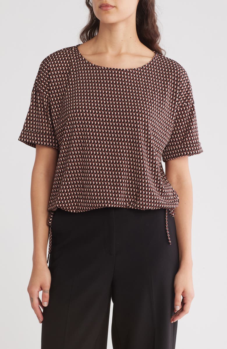 Adrianna Papell Drawstring Waist Blouson Top, Main, color, Mocha Semi Circle Interlock