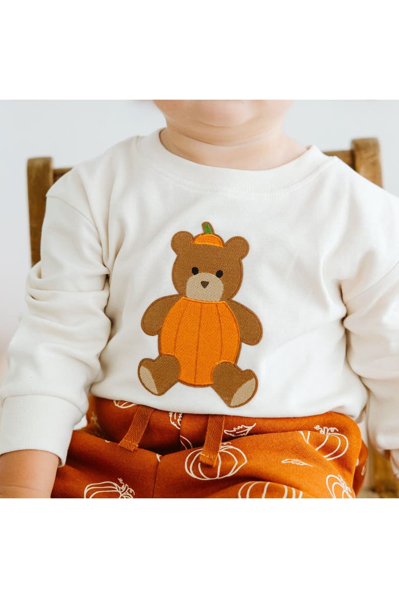 Pumpkin Teddy Bear Patch Long Sleeve Romper, Alternate, color, Natural