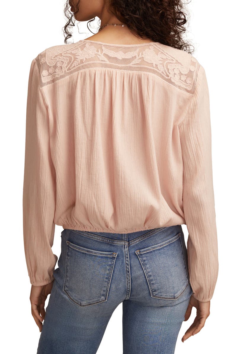 Lucky Brand Lace Inset Bubble Hem Cotton Button-Up Shirt, Alternate, color, Sepia Rose