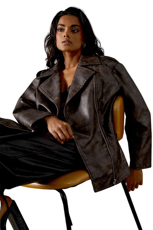 Warehouse Oversized Whipstitch Leather Look Jacket In Brown