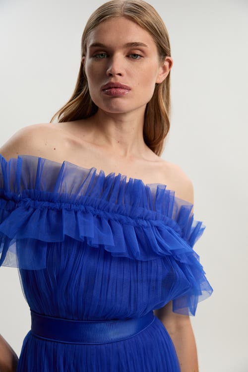 Karen Millen Tulle Off Shoulder Maxi Dress In Blue