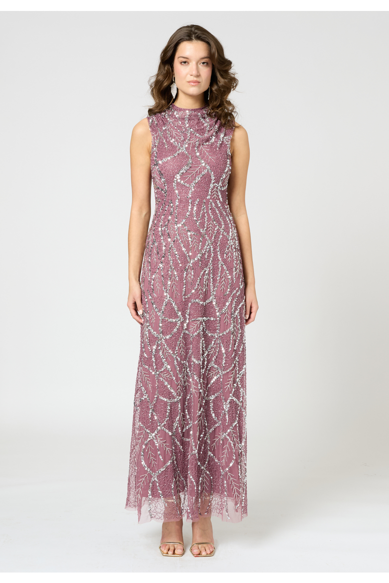 Embellished Sequin Beaded Maxi Dress with Cowl Neck, Alternate, color, MAUVE
