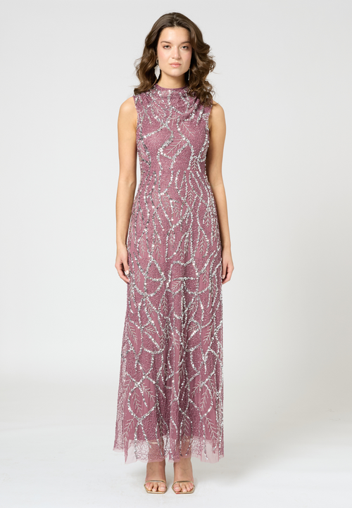 Beauut Embellished Sequin Beaded Maxi Dress With Cowl Neck In Pink