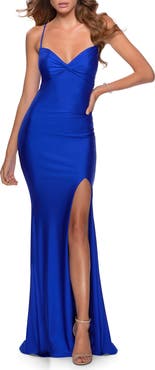 La Femme Form Fitting Dress with Ruched Bow Bodice