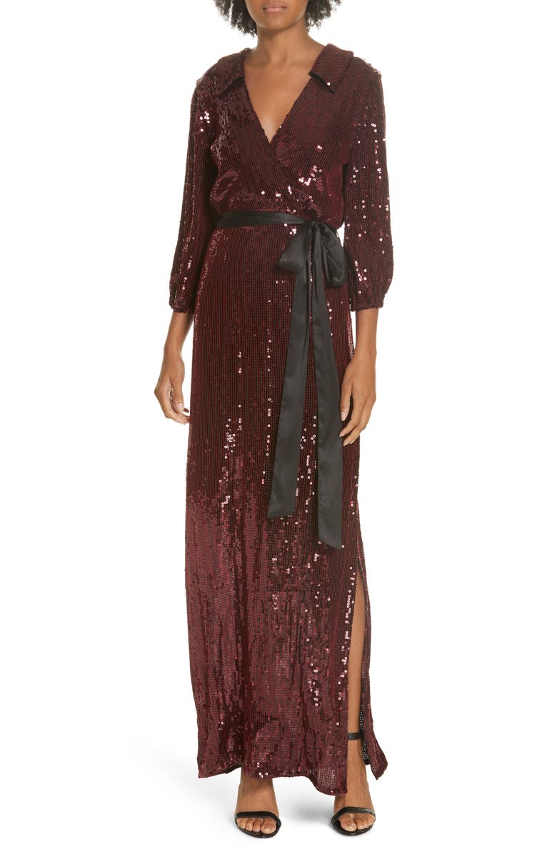 Alice + Olivia Bayley Sequin Maxi Shirtdress, Main, color, 