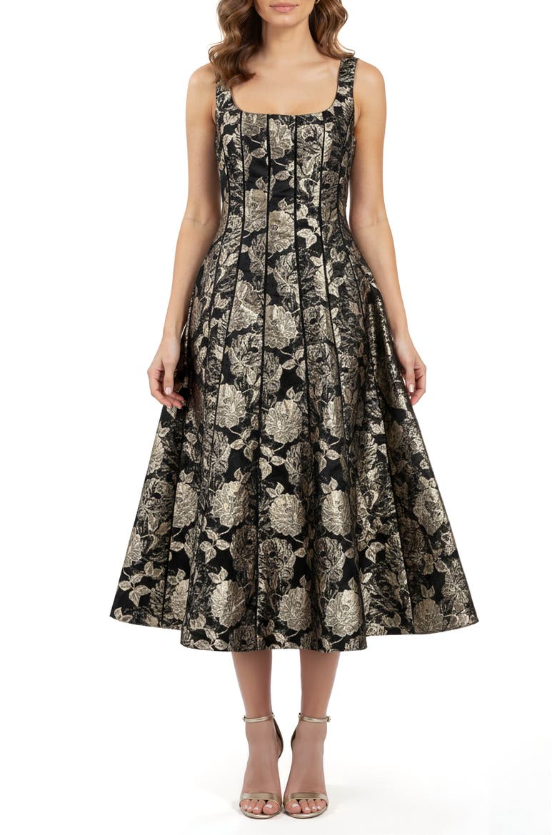 Jacquard Sleeveless Fit & Flare Midi Dress, Main, color, BLACK GOLD FLORAL