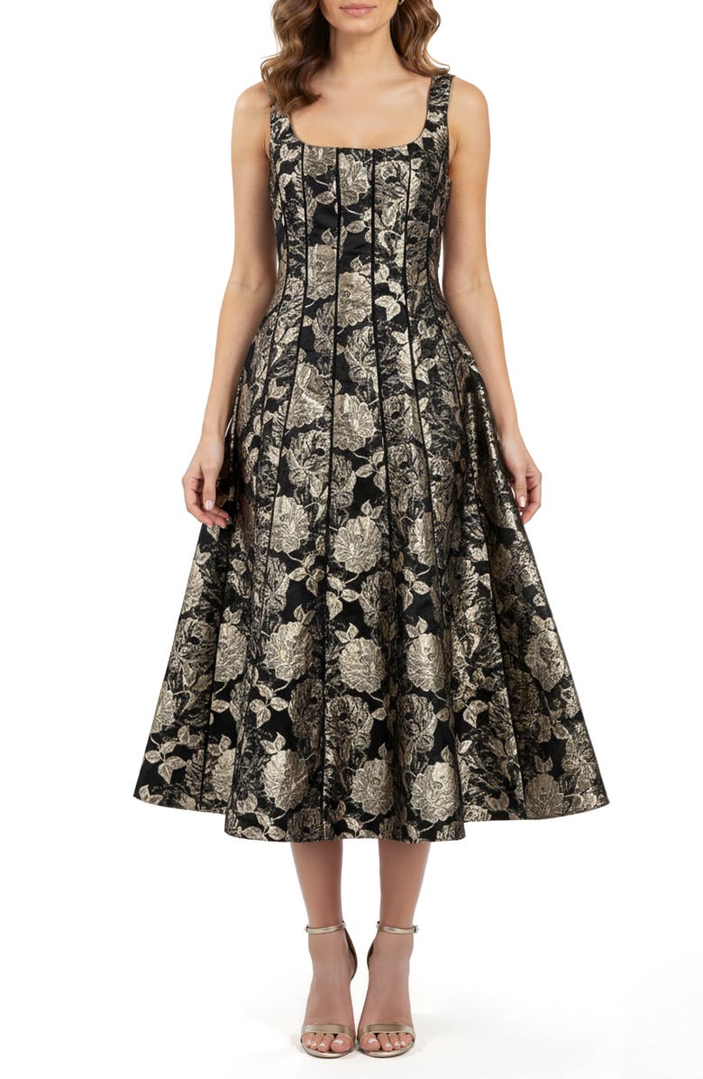 Mila Mae Jacquard Sleeveless Fit & Flare Midi Dress, Main, color, Black Gold Floral