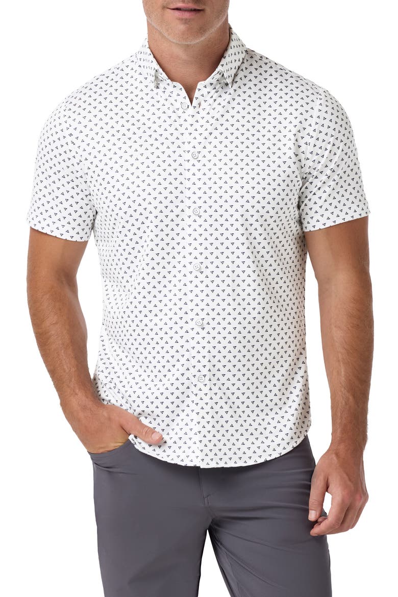 Halyard Trim Fit Triangle Print Short Sleeve Performance Button-Up Shirt, Main, color, WHITE MULTI TOSSED TRIANGLE