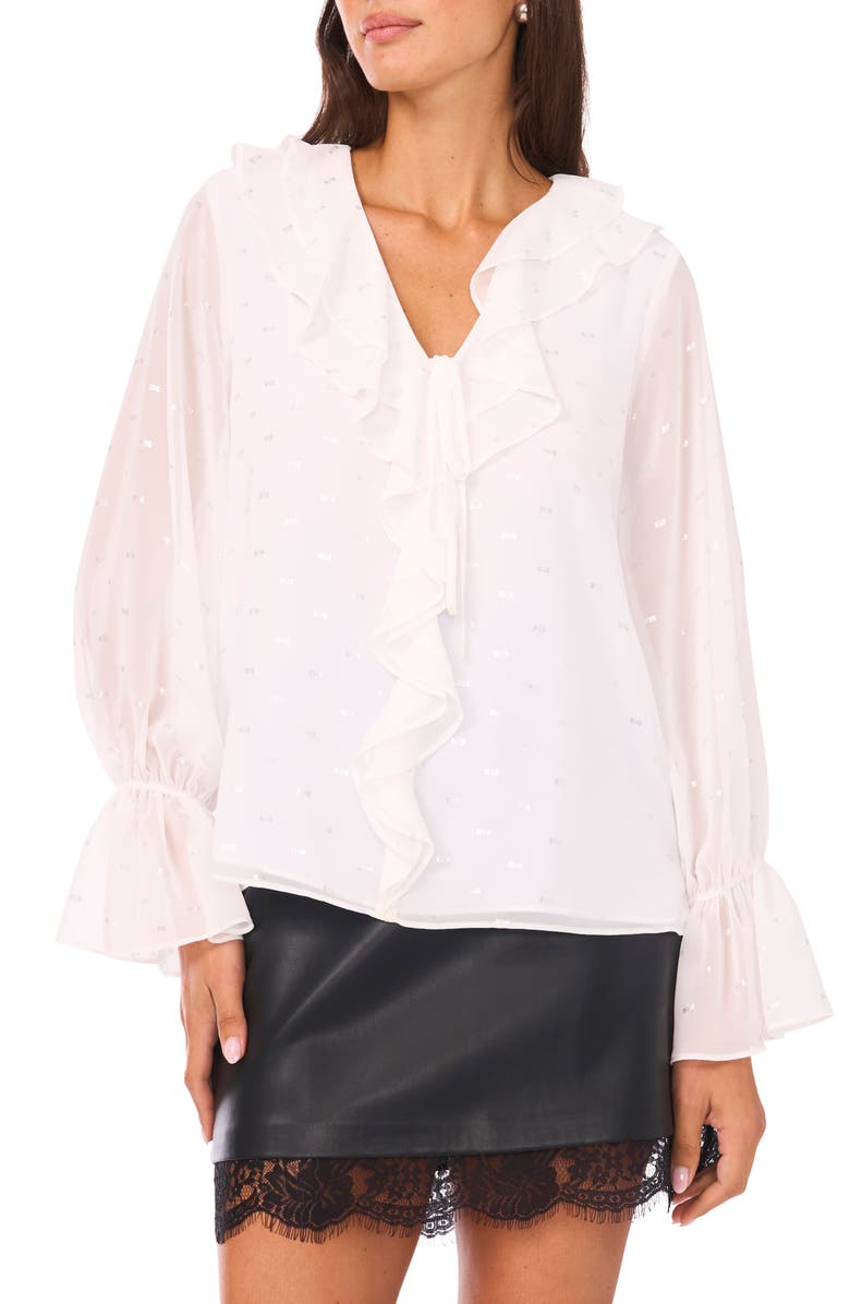 Vince Camuto Ruffle Clip Dot Chiffon Top, Main, color, New Ivory