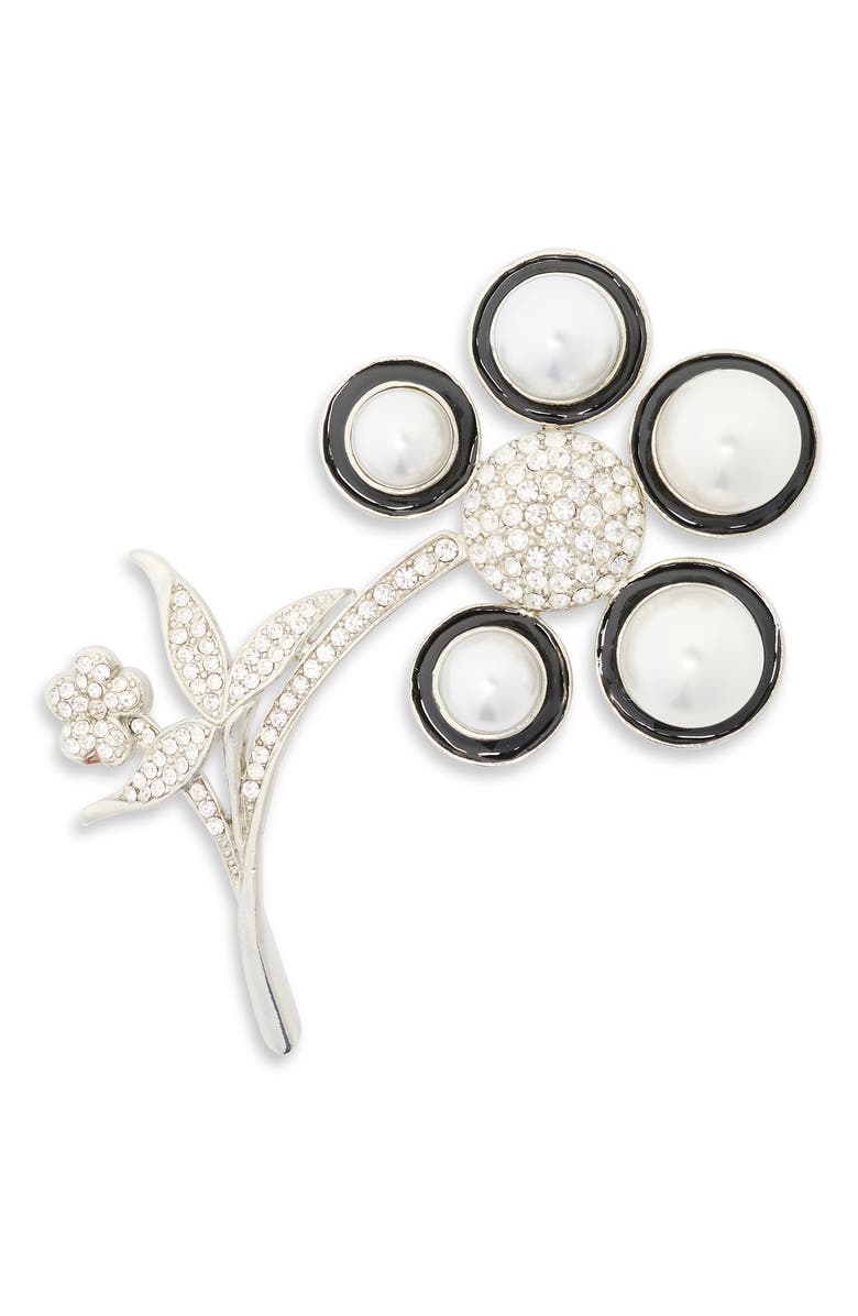 Kenneth Jay Lane Faux Pearl & Crystal Flower Pin, Main, color, Silver